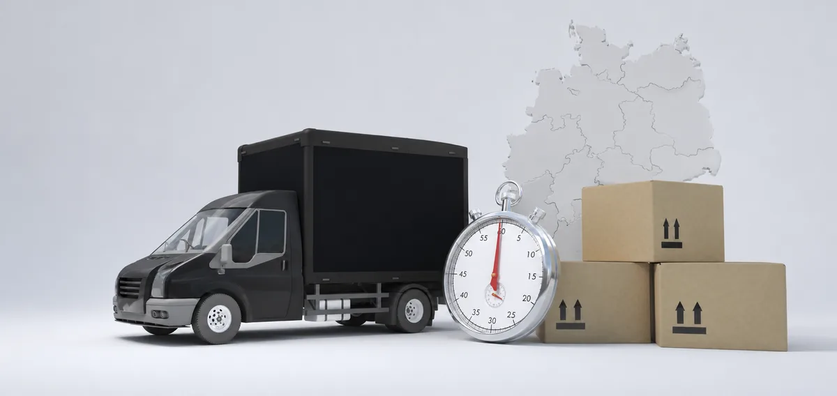 Transportfahrzeug, Stoppuhr und Deutschlandkarte – schnelle Lieferung deutschlandweit