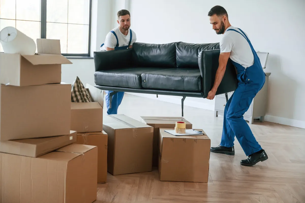 Zwei Mitarbeiter tragen ein Sofa – Möbel- und Umzugstransport von I.A. Transporte